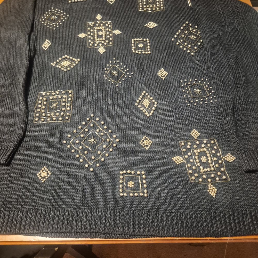 Womans Modern Victoria Jonez  Black Sweater with Geometric Patterns And Studs